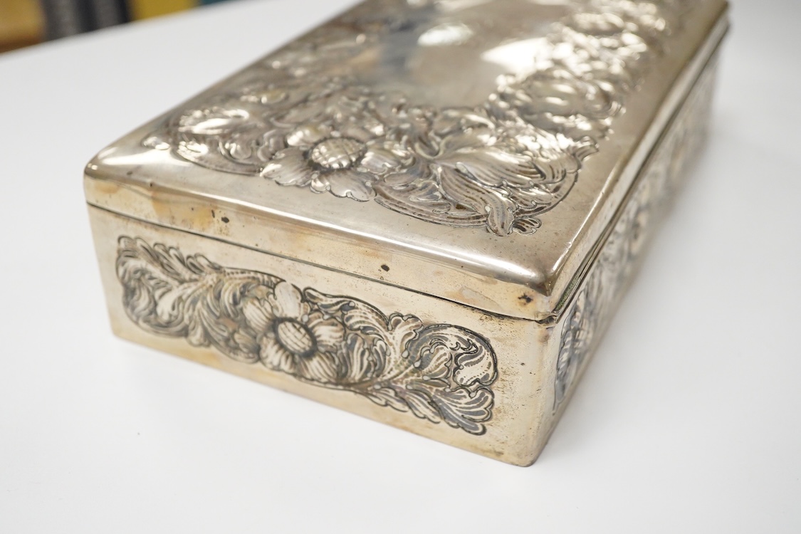 A Norwegian embossed 830 standard white metal mounted rectangular cigarette box, by J. Tostrup, 23.1cm.